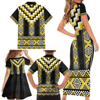 Yellow Taniko Aotearoa Family Matching Short Sleeve Bodycon Dress and Hawaiian Shirt Niho Taniwha Mix Poutama