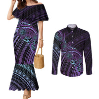 Teal Purple Polynesia Plumeria Tattoo Couples Matching Mermaid Dress and Long Sleeve Button Shirt LT14 Purple - Polynesian Pride