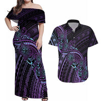 Teal Purple Polynesia Plumeria Tattoo Couples Matching Off Shoulder Maxi Dress and Hawaiian Shirt LT14 Purple - Polynesian Pride
