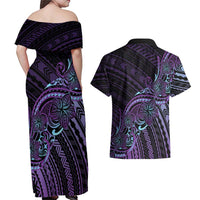 Teal Purple Polynesia Plumeria Tattoo Couples Matching Off Shoulder Maxi Dress and Hawaiian Shirt LT14 - Polynesian Pride