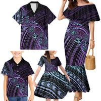 Teal Purple Polynesia Plumeria Tattoo Family Matching Mermaid Dress and Hawaiian Shirt