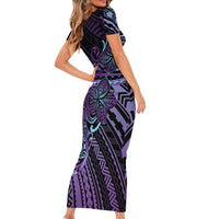Teal Purple Polynesia Plumeria Tattoo Family Matching Short Sleeve Bodycon Dress and Hawaiian Shirt LT14 - Polynesian Pride