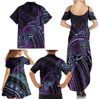 Teal Purple Polynesia Plumeria Tattoo Family Matching Summer Maxi Dress and Hawaiian Shirt