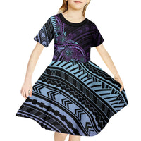 Teal Purple Polynesia Plumeria Tattoo Kid Short Sleeve Dress LT14 - Polynesian Pride