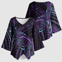 Teal Purple Polynesia Plumeria Tattoo Kimono Sleeve Blouse LT14 - Polynesian Pride