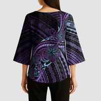 Teal Purple Polynesia Plumeria Tattoo Kimono Sleeve Blouse LT14 - Polynesian Pride