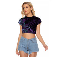 Teal Purple Polynesia Plumeria Tattoo Raglan Cropped T Shirt LT14 Female Purple - Polynesian Pride