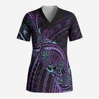 Teal Purple Polynesia Plumeria Tattoo Scrub Top LT14 Adult Purple - Polynesian Pride
