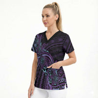 Teal Purple Polynesia Plumeria Tattoo Scrub Top LT14 - Polynesian Pride