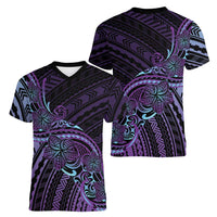 Teal Purple Polynesia Plumeria Tattoo Women V-Neck T-Shirt LT14 - Polynesian Pride