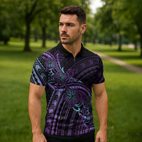 Teal Purple Polynesia Plumeria Tattoo Zipper Polo Shirt LT14 - Polynesian Pride