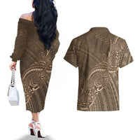 Brown Polynesia Plumeria Tattoo Couples Matching Off The Shoulder Long Sleeve Dress and Hawaiian Shirt LT14 - Polynesian Pride