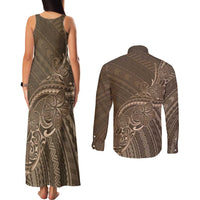Brown Polynesia Plumeria Tattoo Couples Matching Tank Maxi Dress and Long Sleeve Button Shirt LT14 - Polynesian Pride