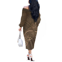 Brown Polynesia Plumeria Tattoo Off The Shoulder Long Sleeve Dress LT14 - Polynesian Pride