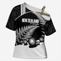 Custom New Zealand Silver Fern Petanque Cross Shoulder Shirt Aotearoa Maori Pattern LT14 Female Black - Polynesian Pride