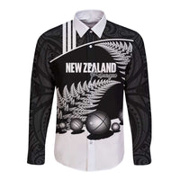 Custom New Zealand Silver Fern Petanque Long Sleeve Button Shirt Aotearoa Maori Pattern LT14 Unisex Black - Polynesian Pride