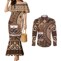 Samoa Siapo Couples Matching Mermaid Dress and Long Sleeve Button Shirt Happy Independence Day Vintage Vibes LT14 Brown - Polynesian Pride