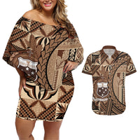 Samoa Siapo Couples Matching Off Shoulder Short Dress and Hawaiian Shirt Happy Independence Day Vintage Vibes LT14 Brown - Polynesian Pride
