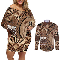 Samoa Siapo Couples Matching Off Shoulder Short Dress and Long Sleeve Button Shirt Happy Independence Day Vintage Vibes LT14 Brown - Polynesian Pride