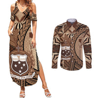 Samoa Siapo Couples Matching Summer Maxi Dress and Long Sleeve Button Shirt Happy Independence Day Vintage Vibes LT14 Brown - Polynesian Pride