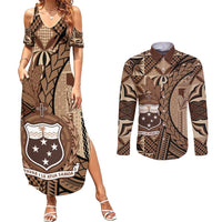 Samoa Siapo Couples Matching Summer Maxi Dress and Long Sleeve Button Shirt Happy Independence Day Vintage Vibes LT14 Brown - Polynesian Pride
