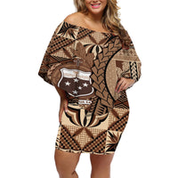 Samoa Siapo Off Shoulder Short Dress Happy Independence Day Vintage Vibes LT14 Women Brown - Polynesian Pride