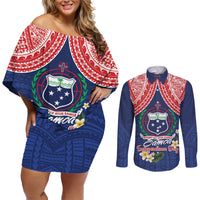 Samoan Independence Day Couples Matching Off Shoulder Short Dress and Long Sleeve Button Shirt Manuia Le Tutoatasi O Samoa LT14 Blue - Polynesian Pride
