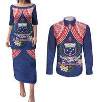 Samoan Independence Day Couples Matching Puletasi and Long Sleeve Button Shirt Manuia Le Tutoatasi O Samoa LT14 Blue - Polynesian Pride