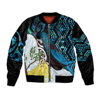 New Zealand Silver Fern Tui Bird Bomber Jacket Maori Kowhai Paua Shell Taniko Motifs