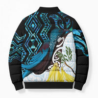New Zealand Silver Fern Tui Bird Bomber Puffer Jacket Maori Kowhai Paua Shell Taniko Motifs - Polynesian Pride