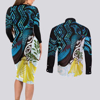 New Zealand Silver Fern Tui Bird Couples Matching Long Sleeve Bodycon Dress and Long Sleeve Button Shirt Maori Kowhai Paua Shell Taniko Motifs