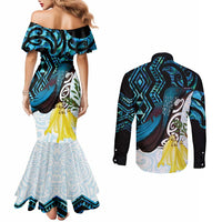 New Zealand Silver Fern Tui Bird Couples Matching Mermaid Dress and Long Sleeve Button Shirt Maori Kowhai Paua Shell Taniko Motifs