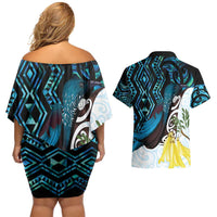 New Zealand Silver Fern Tui Bird Couples Matching Off Shoulder Short Dress and Hawaiian Shirt Maori Kowhai Paua Shell Taniko Motifs