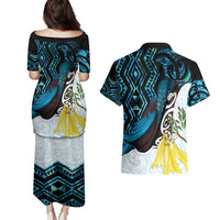 New Zealand Silver Fern Tui Bird Couples Matching Puletasi and Hawaiian Shirt Maori Kowhai Paua Shell Taniko Motifs