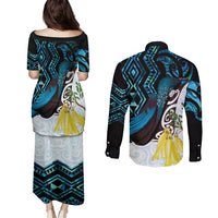 New Zealand Silver Fern Tui Bird Couples Matching Puletasi and Long Sleeve Button Shirt Maori Kowhai Paua Shell Taniko Motifs