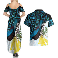 New Zealand Silver Fern Tui Bird Couples Matching Summer Maxi Dress and Hawaiian Shirt Maori Kowhai Paua Shell Taniko Motifs
