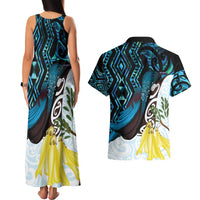 New Zealand Silver Fern Tui Bird Couples Matching Tank Maxi Dress and Hawaiian Shirt Maori Kowhai Paua Shell Taniko Motifs
