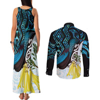 New Zealand Silver Fern Tui Bird Couples Matching Tank Maxi Dress and Long Sleeve Button Shirt Maori Kowhai Paua Shell Taniko Motifs
