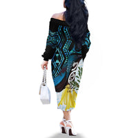 New Zealand Silver Fern Tui Bird Family Matching Off The Shoulder Long Sleeve Dress and Hawaiian Shirt Maori Kowhai Paua Shell Taniko Motifs