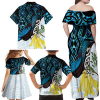 New Zealand Silver Fern Tui Bird Family Matching Off Shoulder Maxi Dress and Hawaiian Shirt Maori Kowhai Paua Shell Taniko Motifs