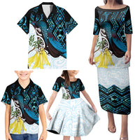 New Zealand Silver Fern Tui Bird Family Matching Puletasi and Hawaiian Shirt Maori Kowhai Paua Shell Taniko Motifs