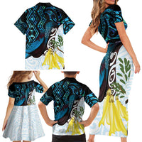 New Zealand Silver Fern Tui Bird Family Matching Short Sleeve Bodycon Dress and Hawaiian Shirt Maori Kowhai Paua Shell Taniko Motifs