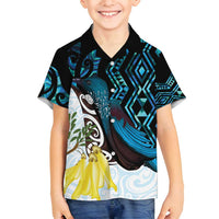 New Zealand Silver Fern Tui Bird Family Matching Tank Maxi Dress and Hawaiian Shirt Maori Kowhai Paua Shell Taniko Motifs