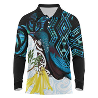 New Zealand Silver Fern Tui Bird Long Sleeve Polo Shirt Maori Kowhai Paua Shell Taniko Motifs