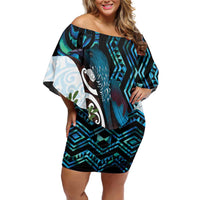 New Zealand Silver Fern Tui Bird Off Shoulder Short Dress Maori Kowhai Paua Shell Taniko Motifs