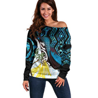 New Zealand Silver Fern Tui Bird Off Shoulder Sweater Maori Kowhai Paua Shell Taniko Motifs