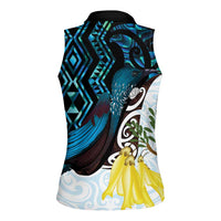 New Zealand Silver Fern Tui Bird Women Sleeveless Polo Shirt Maori Kowhai Paua Shell Taniko Motifs