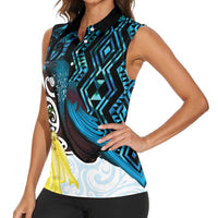 New Zealand Silver Fern Tui Bird Women Sleeveless Polo Shirt Maori Kowhai Paua Shell Taniko Motifs