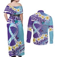 No Story Should End Too Soon Suicide Awareness Couples Matching Off Shoulder Maxi Dress and Long Sleeve Button Shirt Purple And Teal Polynesian Ribbon