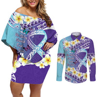 No Story Should End Too Soon Suicide Awareness Couples Matching Off Shoulder Short Dress and Long Sleeve Button Shirt Purple And Teal Polynesian Ribbon LT14 Purple - Polynesian Pride